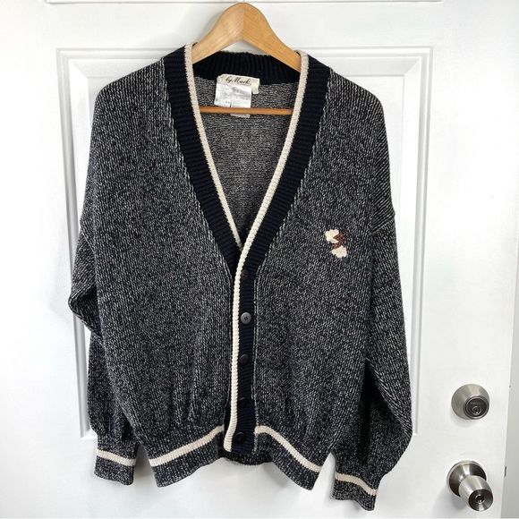 By Mark Sweaters - Vintage Sweater Lightning Bolt Patch Black Tan Grandpa Cardigan Size Small
